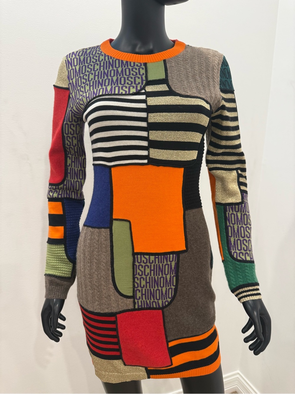 Moschino Couture 100% Virgin Wool Patchwork Sweater Mini Dress US 6 NEW